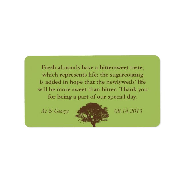 Green brown oak tree wedding quote favor label (Front)