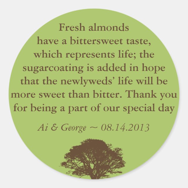 Green brown oak tree wedding quote favor label (Front)