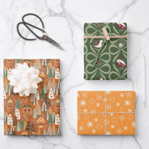 Green Brown Orange Christmas Forest Village Wrapping Paper Sheets