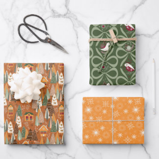 Green Brown Orange Christmas Forest Village Wrapping Paper Sheets