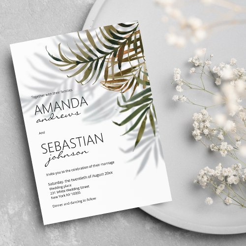 Green brown palm tree typography floral wedding invitation