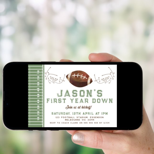Green Brown Photo Game Play Football 1st Birthday Invitation (Front Digital)