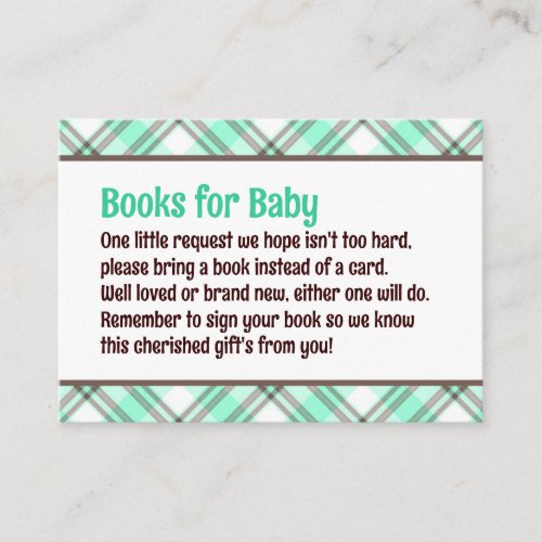 Green  Brown Plaid Baby Shower Book Request Enclosure Card