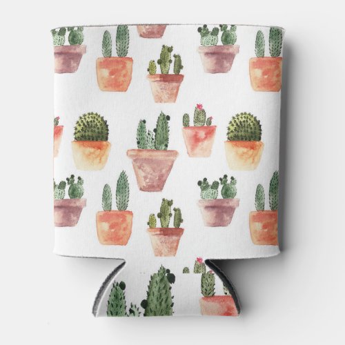 Green Brown Potted Cactus Pattern Can Cooler