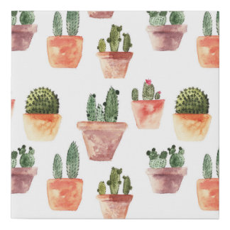 Green Brown Potted Cactus Pattern Faux Canvas Print