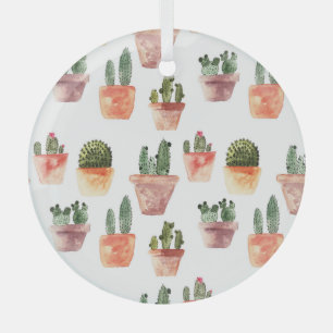Green Brown Potted Cactus Pattern Glass Ornament