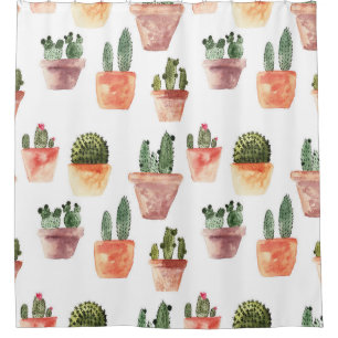 Green Brown Potted Cactus Pattern Shower Curtain