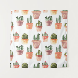 Green Brown Potted Cactus Pattern Tapestry