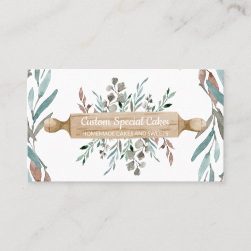 Green Brown Rustic Flower Rolling Pin Bakery Business Card