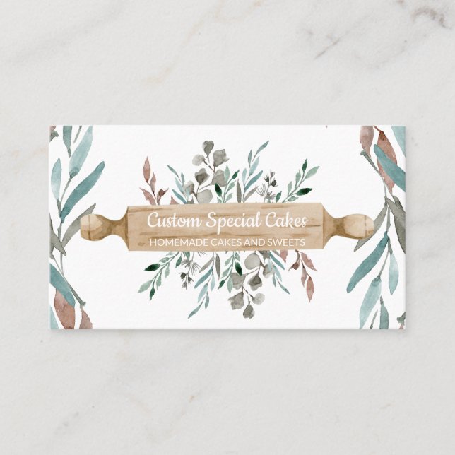Green Brown Rustic Flower Rolling Pin Bakery Business Card (Front)
