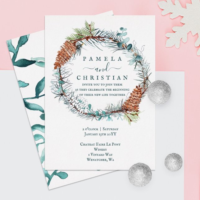 Green, Brown, Silver Pinecone Wreath, Eucalyptus  Foil Invitation (winter green eucalyptus leaves wedding invitation with silver foil pinecone rustic brown green)