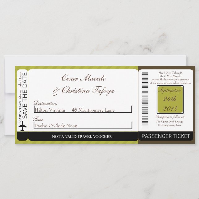 Green & Brown Str Boarding Pass Wedding Invitation (Front)