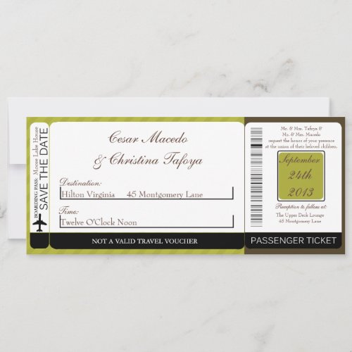 Green &amp; Brown Str Boarding Pass Wedding Invitation