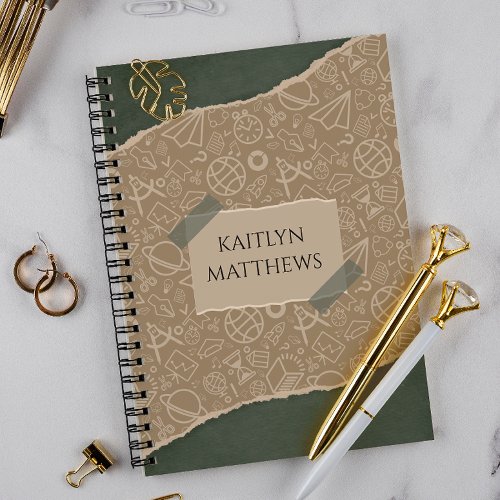 Green Brown Torn Paper School Pattern Personalized Notebook