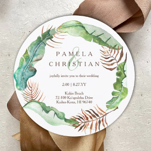 Green, Brown Tropical Banana Leaves, Wedding Invit Invitation