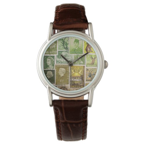 Green Brown Watch Postage Stamp Collage Art Watch