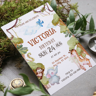 Green Brown Watercolor Jungle Birthday Invitation