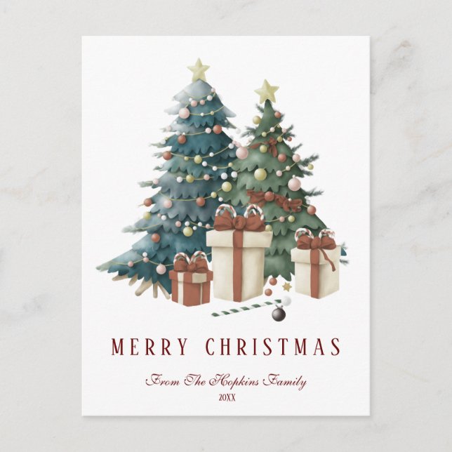 Green & Brown Watercolour Christmas Tree Postcard (Front)