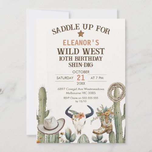 Green Brown Western Boots Scull Birthday  Invitation