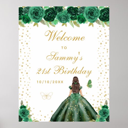 Green Brunette Hair Girl Birthday Party Welcome Poster