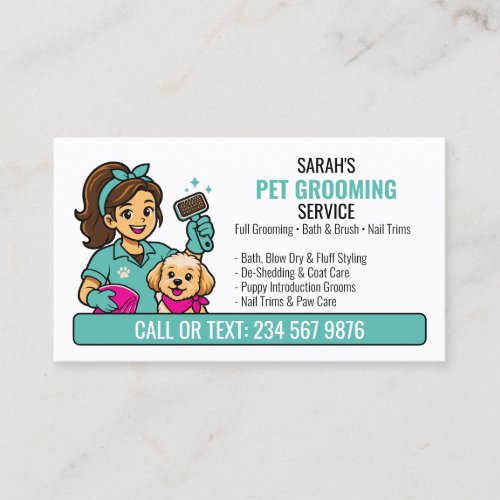 Green Brush Puppy Groomer Girl QR Grooming Business Card