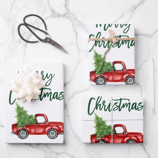 Green Brush Script Christmas Red Truck Wrapping Paper Sheets (Front)