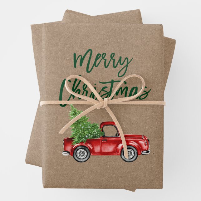 Green Brush Script Christmas Truck Kraft Style Wrapping Paper Sheets (In situ)