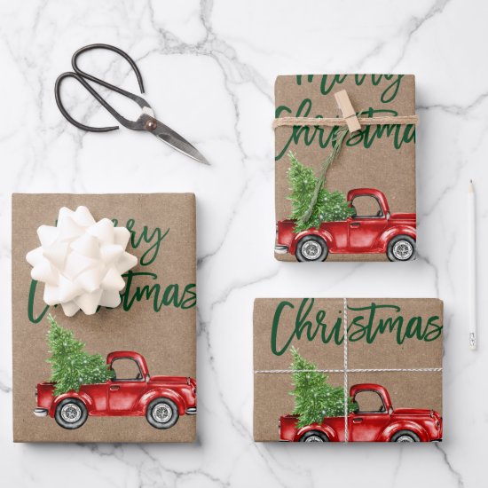 Green Brush Script Christmas Truck Kraft Style Wrapping Paper Sheets