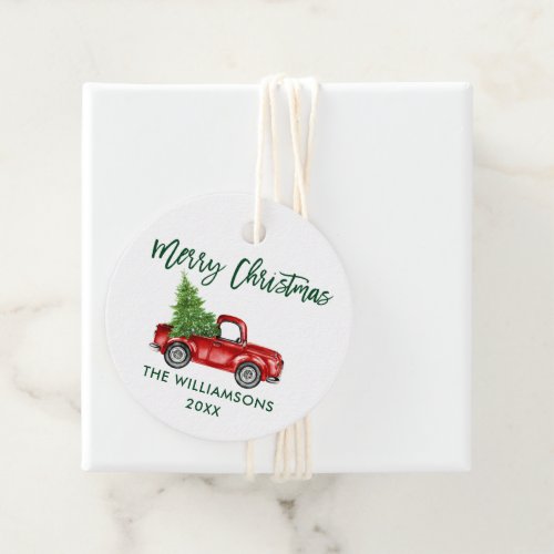 Green Brush Script Christmas Vintage Red Truck Favor Tags