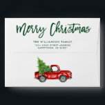 Green Brush Script Christmas Vintage Truck Envelope<br><div class="desc">Brush Script Merry Christmas Vintage Red Truck with Christmas Tree Envelope</div>