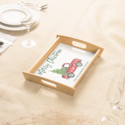 Green Brush Script Christmas Vintage Truck Serving Tray