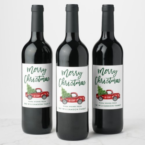 Green Brush Script Christmas Vintage Truck Wine Label