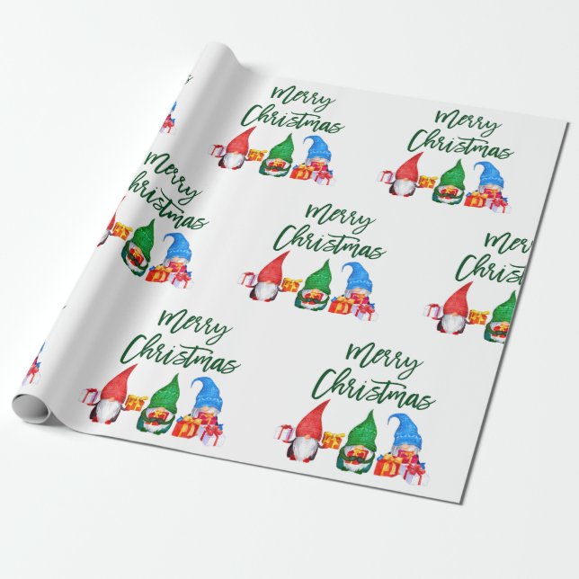 Green Brush Script Christmas Watercolor Gnomes Wrapping Paper (Unrolled)