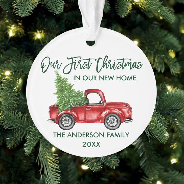 Green Brush Script First Christmas New Home Truck Ornament (Customize your personalized text size or color on front and back.)