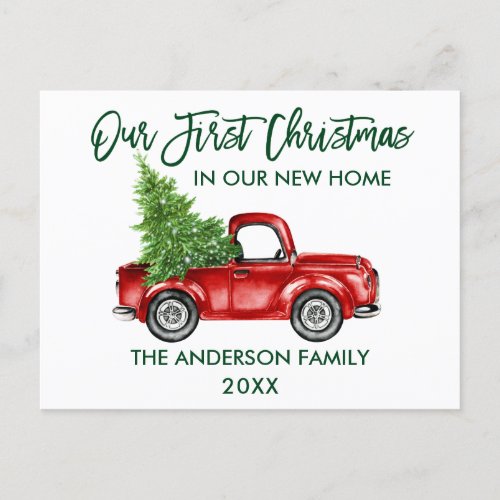 Green Brush Script First Christmas New Home Truck Postcard