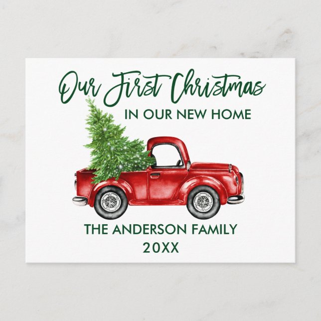 Green Brush Script First Christmas New Home Truck Postcard (Front)