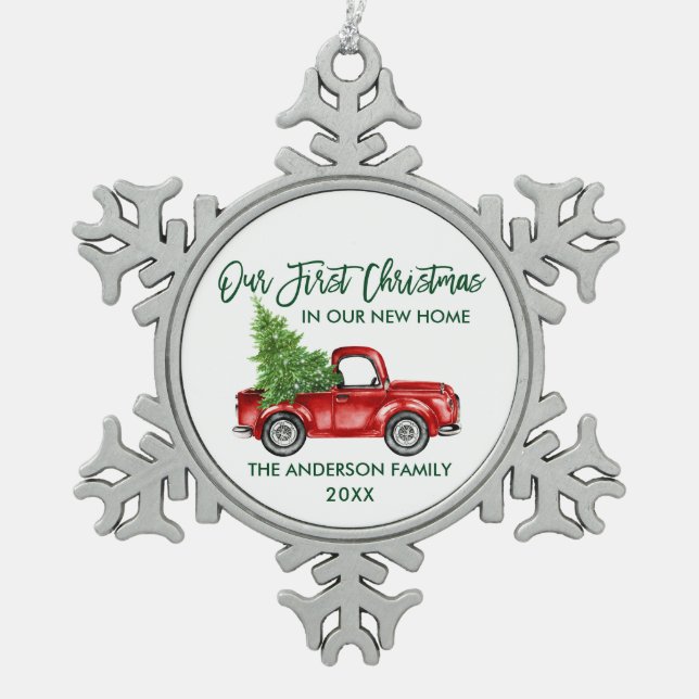 Green Brush Script First Christmas New Home Truck Snowflake Pewter Christmas Ornament (Front)