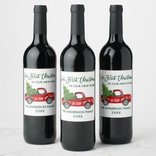 Green Brush Script First Christmas New Home Truck Wine Label