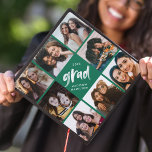 Green | Brush Script Grad 8 Photo Collage Graduation Cap Topper<br><div class="desc">Celebrate your graduation day in style with a photo collage graduation cap topper! The custom graduation cap topper features "grad" in white painted lettering with a green background (or color of your choice) surrounded by 8 of the graduate's favorite photos. Choose photos of your friends, family, pets, etc. Personalize the...</div>