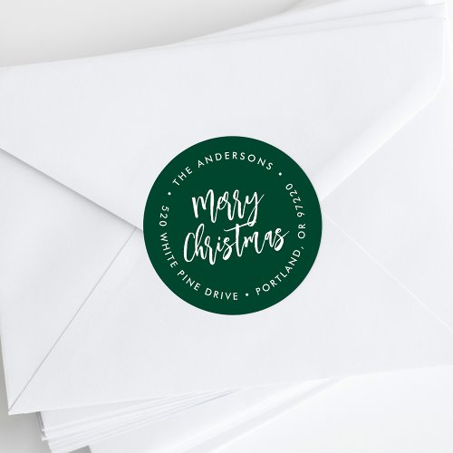 Green Brush Script Holiday Return Address Classic Round Sticker