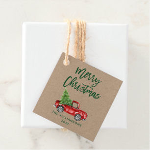 Green Brush Script Kraft Vintage Truck Christmas Favor Tags