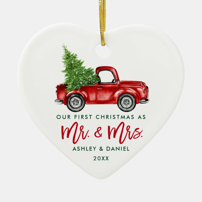 Green Brush Script Red Truck First Christmas Ceramic Ornament (Front)