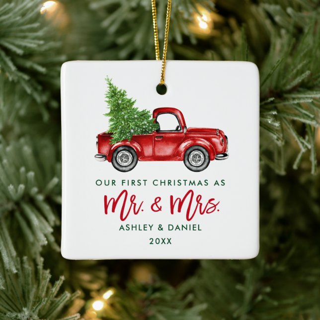 Green Brush Script Red Truck First Christmas Sq Ceramic Ornament (Tree)