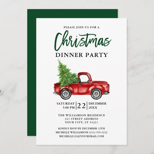 Green Brush Script Truck Christmas Party Invitation (Front/Back)