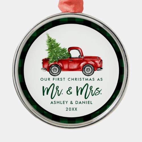 Green Brush Script Truck First Christmas Plaid Metal Ornament