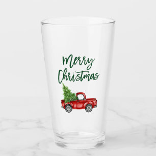 Green Brush Script Vintage Red Truck Christmas Glass