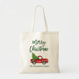 Green Brush Script Vintage Red Truck Christmas Tote Bag