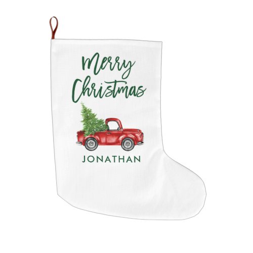 Green Brush Script Vintage Red Truck Tree Large Christmas Stocking