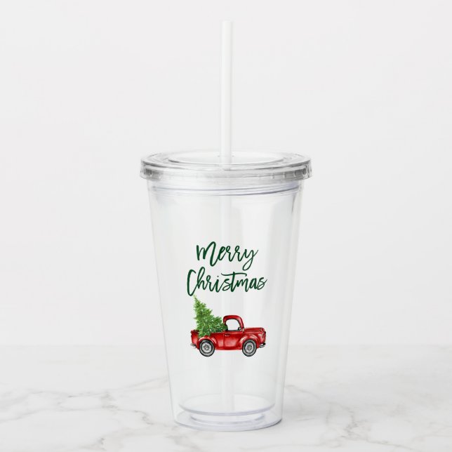 Green Brush Script Vintage Truck Christmas Acrylic Tumbler (Front)