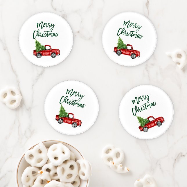 Green Brush Script Vintage Truck Christmas Coaster Set (In Situ)